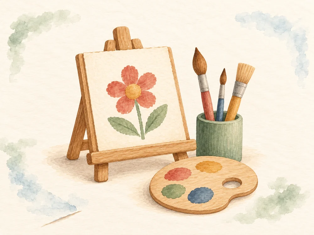 Watercolor easel, flower painting, brushes and palette.
