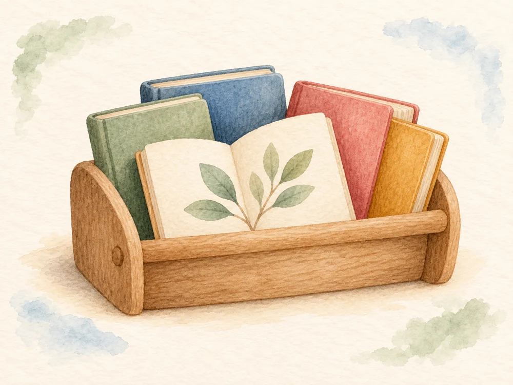 Watercolor wooden basket of classroom books.