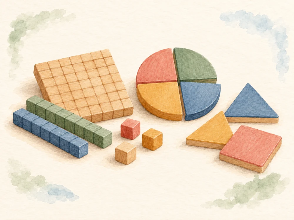 Watercolor wooden math blocks, fraction pieces and shape tiles.