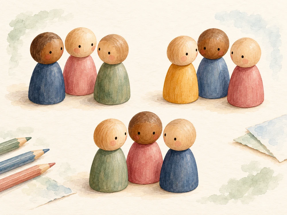 Watercolor wooden classroom figures arranged in three small groups